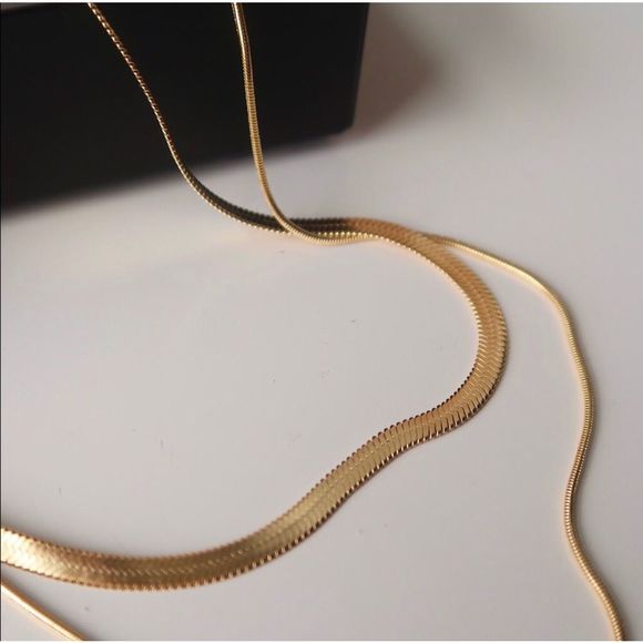 18K Gold Plated Double Layered Chain Stacked Necklace Herringbone Snake Chain - Picture 5 of 8